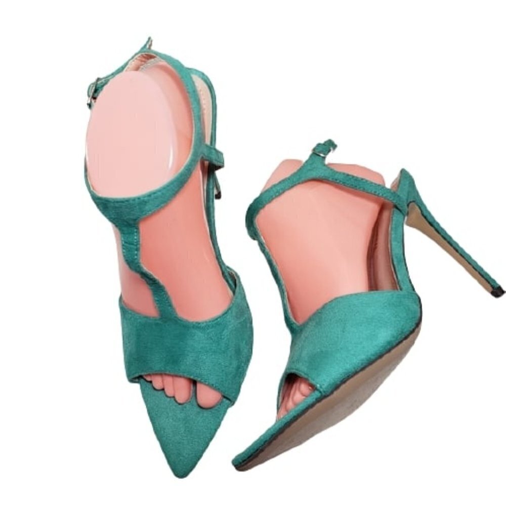FashionNova Green Open Toe T-Strap Buckle Stiletto